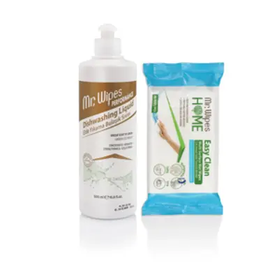 image of Mr. Wipes Prostředek na mytí nádobí 500 ml + Mr. Wipes Čistící utěrky s vůní mořského vánku 40 ks